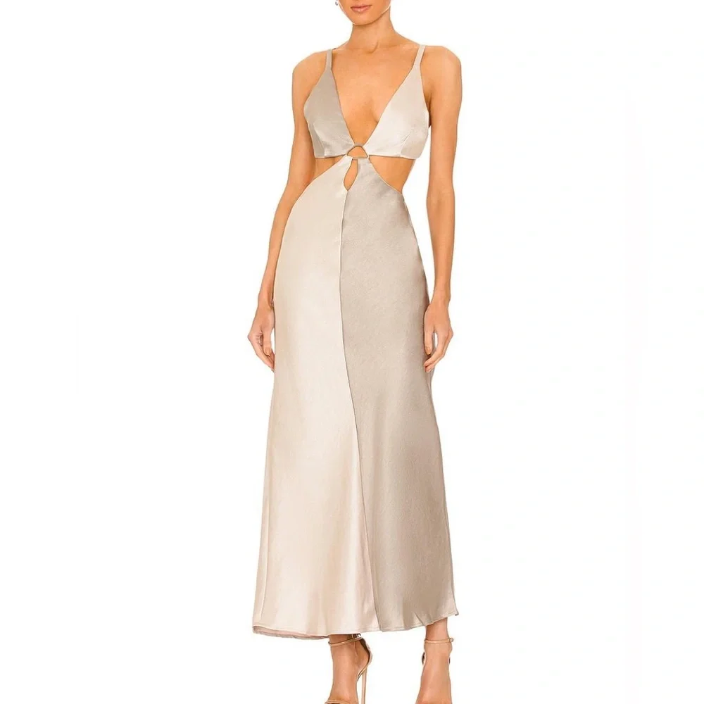 Bec + Bridge Stone Grey Satin Colorblock Felix V Cut Out Maxi Dress - Picture 6 of 14